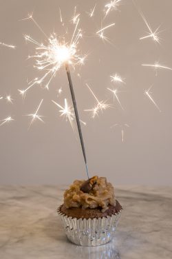 german chocolate cupcake with a sparkler inside