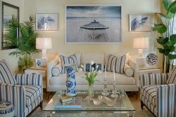 a blue striped living room with nautical influences