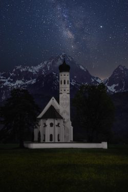 church alps night sky stars snowy mountains